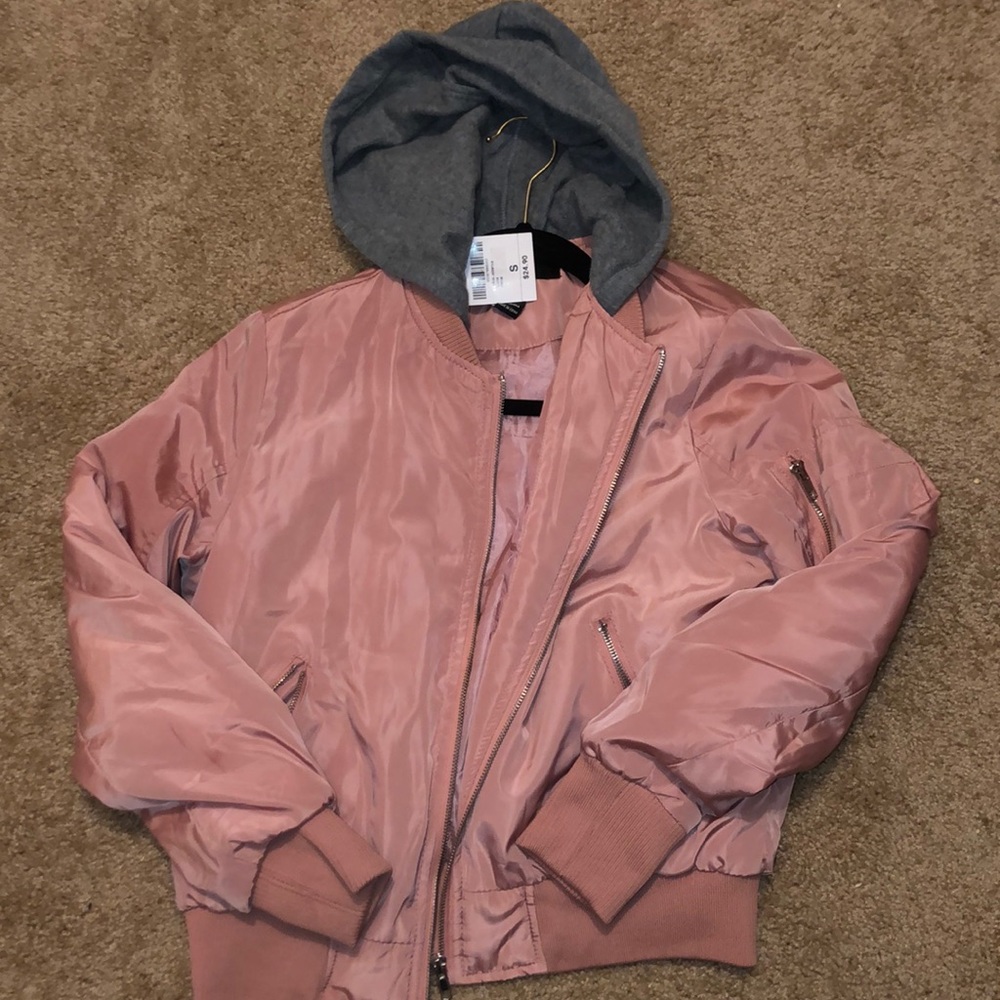 Pink bomber jacket, with grey hoodie